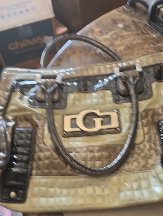 Guess Handbags - Guess Green and Brown Croc-Embossed Tote Bag with Silver Hardware